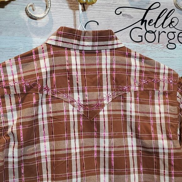 Cowgirl Hardware Sz S Brown Pink Metallic Plaid Studded Pearl Snap Western Shirt - Picture 7 of 9